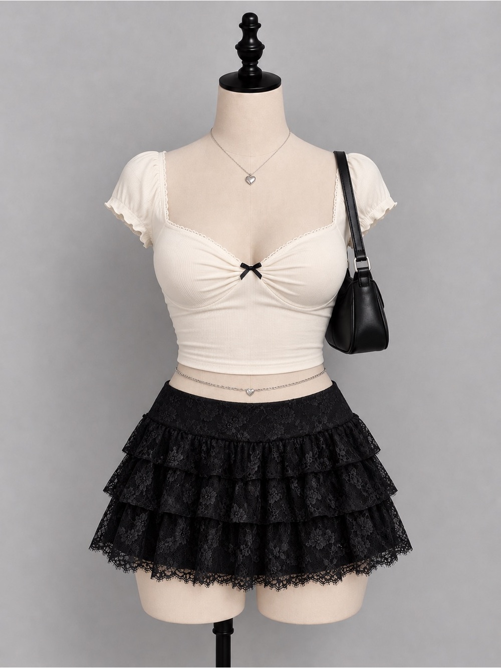 Vintage Y2K Seduction Black Tiered Floral Lace Ruffle Mini Skirt - Size S
